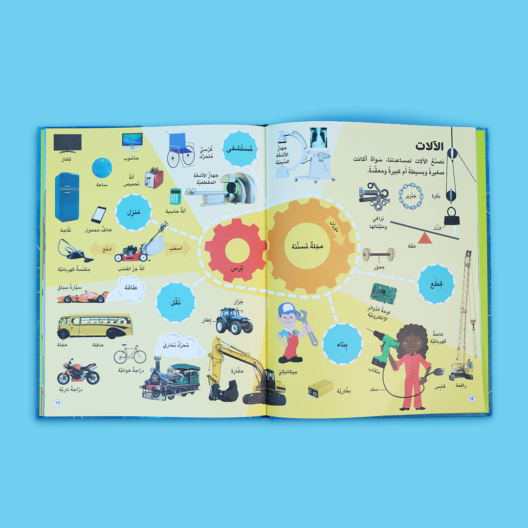 صفحة داخلية من كتاب "1000 كلمة STEM" تعرض مفردات مصورة في العلوم والتكنولوجيا للأطفال الصغار