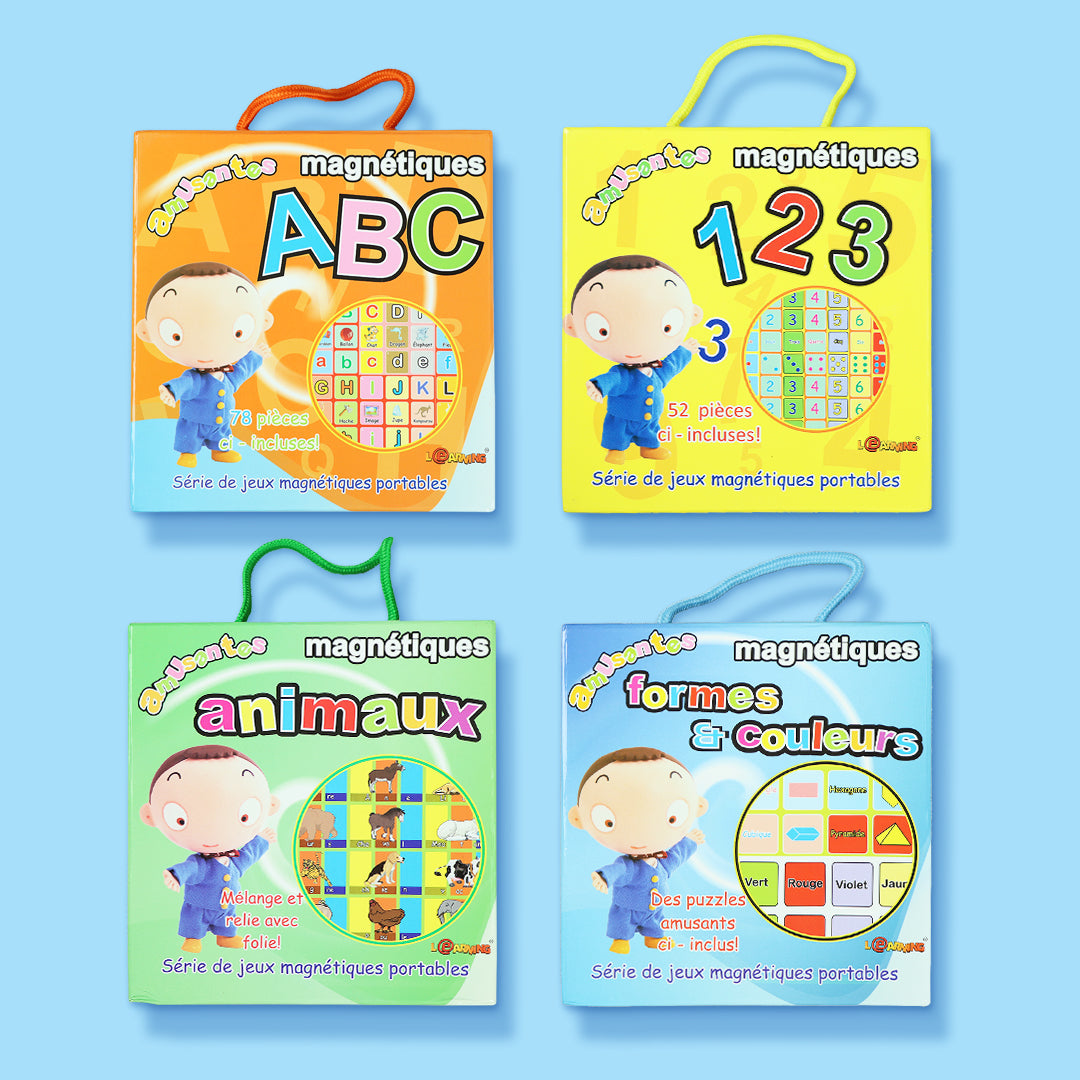 Boîte de jeux magnétiques portables pour enfants – lettres, chiffres, formes et animaux éducatifs.