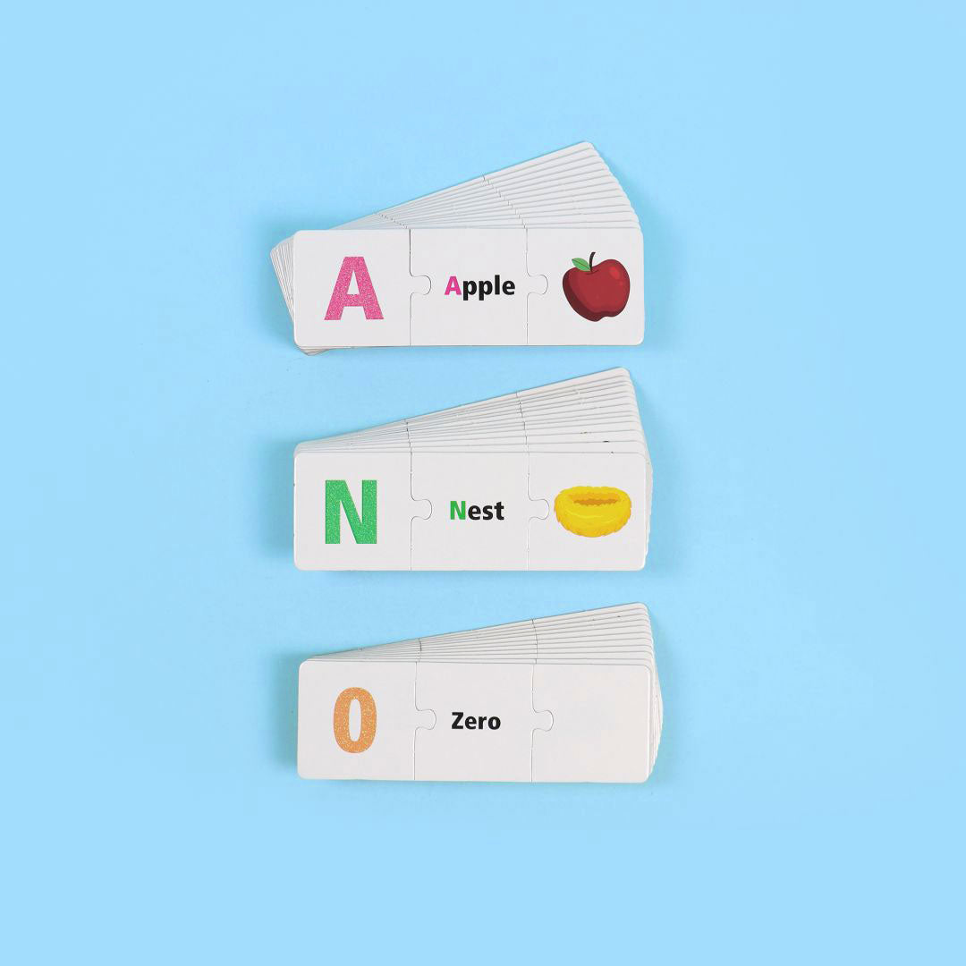 Montessori double-sided English alphabet puzzle cards with images and vocabulary words