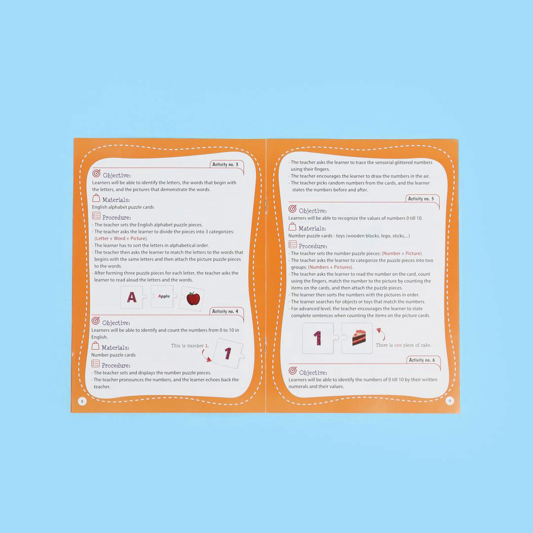 Montessori ABC & 123 book showing English letters and numbers with colorful visual