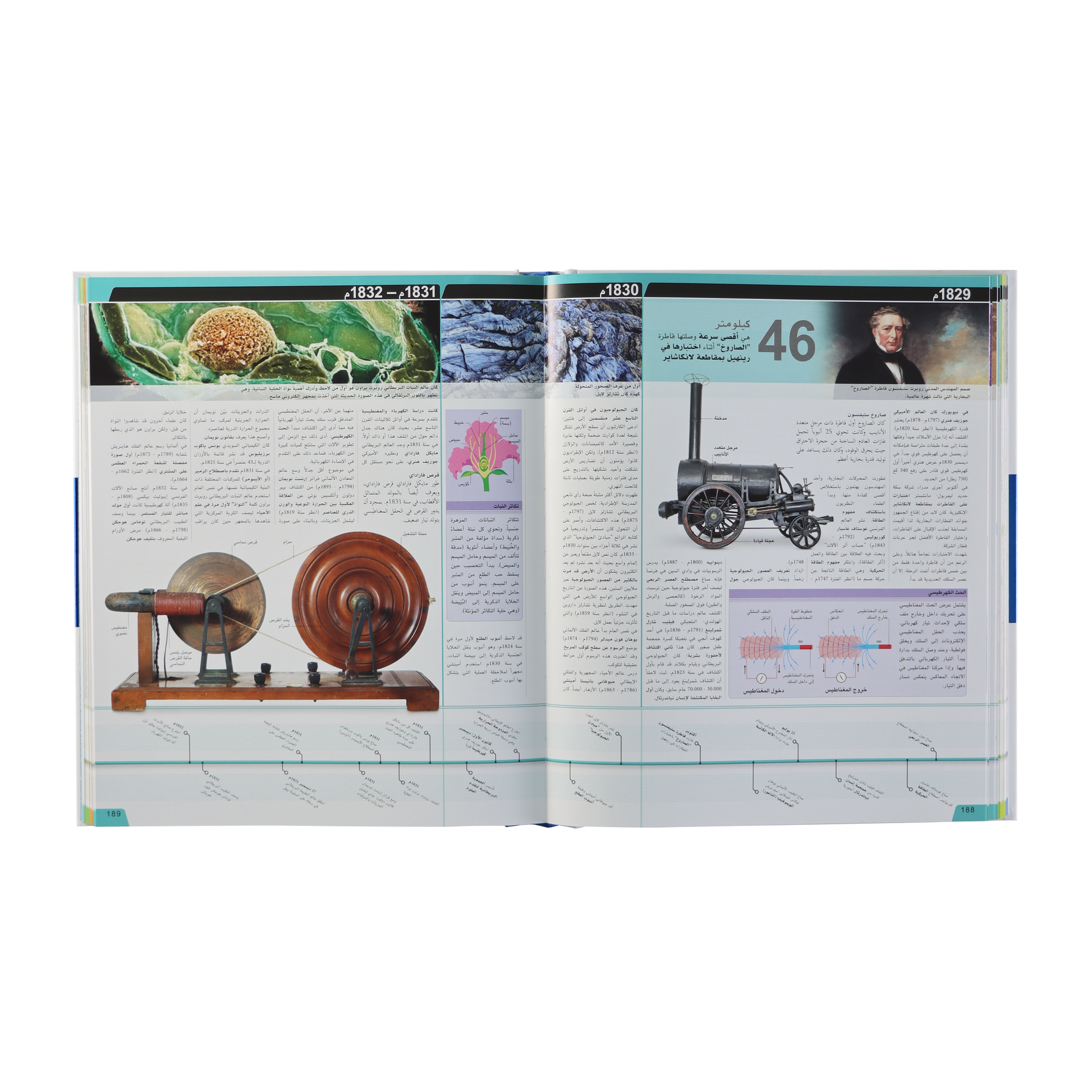 صفحات داخلية 2 من كتاب موسوعة العلوم عاماً بعام يعرض تطور الاكتشافات العلمية عبر الزمن